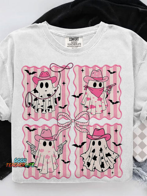 Pink Cowboy Ghost Preppy Western Halloween Casual Print T-shirt