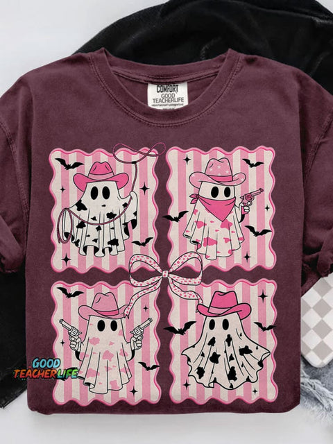 Pink Cowboy Ghost Preppy Western Halloween Casual Print T-shirt