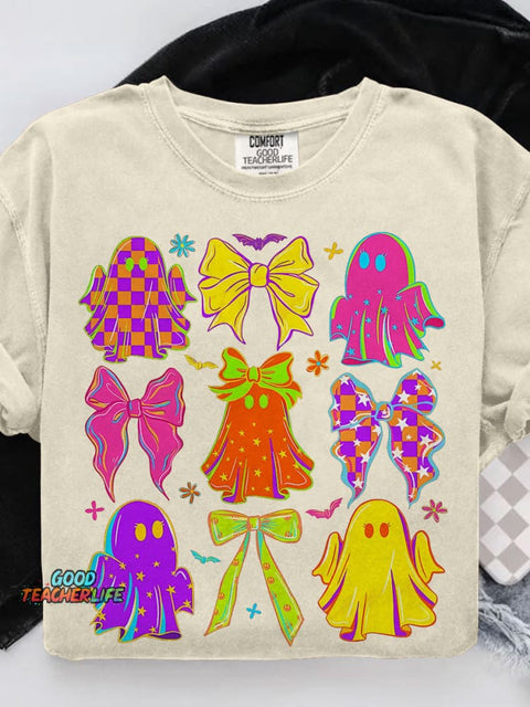 Halloween Bow Ghost Neon Casual Print T-shirt