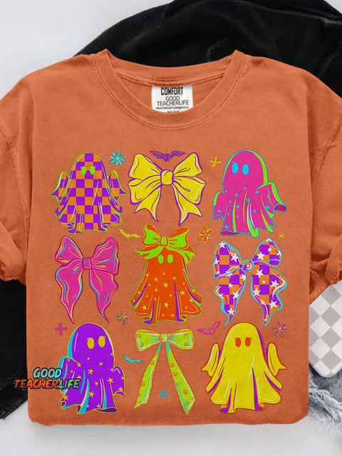 Halloween Bow Ghost Neon Casual Print T-shirt