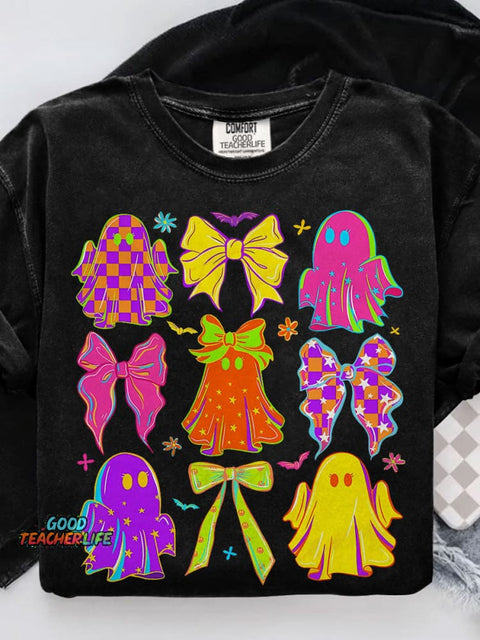 Halloween Bow Ghost Neon Casual Print T-shirt