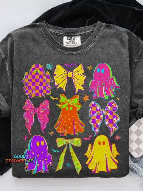 Halloween Bow Ghost Neon Casual Print T-shirt