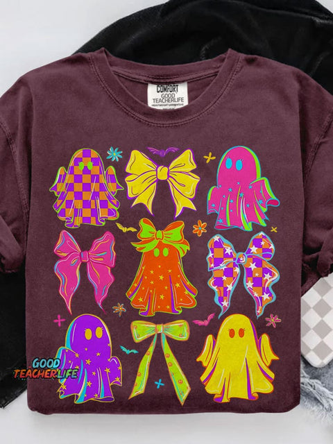 Halloween Bow Ghost Neon Casual Print T-shirt