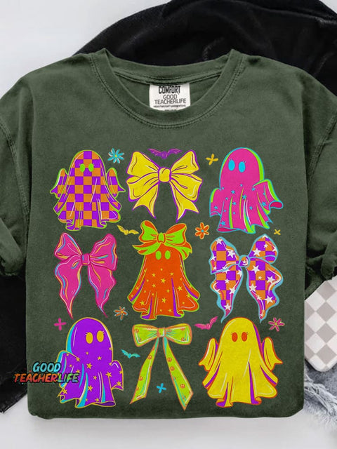 Halloween Bow Ghost Neon Casual Print T-shirt