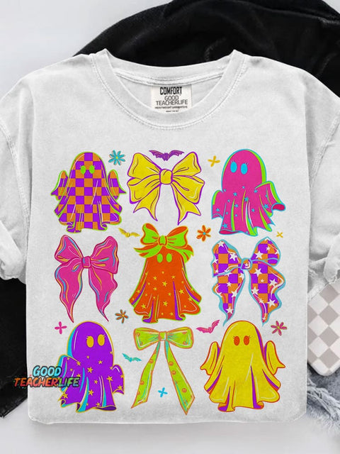 Halloween Bow Ghost Neon Casual Print T-shirt