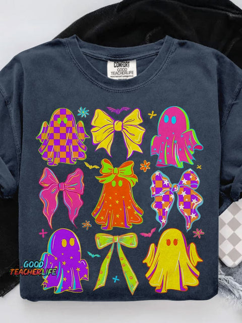 Halloween Bow Ghost Neon Casual Print T-shirt