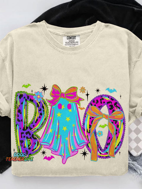 Lace Neon Halloween Boo Casual Print T-shirt