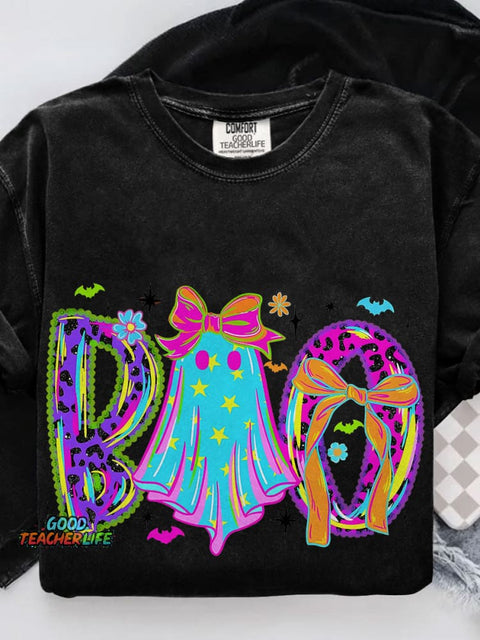 Lace Neon Halloween Boo Casual Print T-shirt