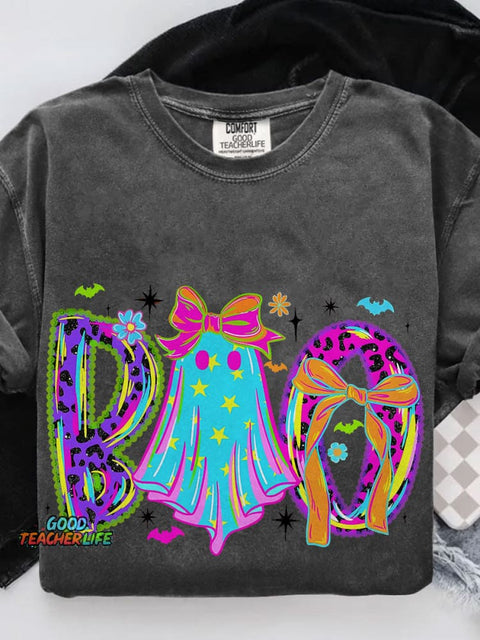 Lace Neon Halloween Boo Casual Print T-shirt