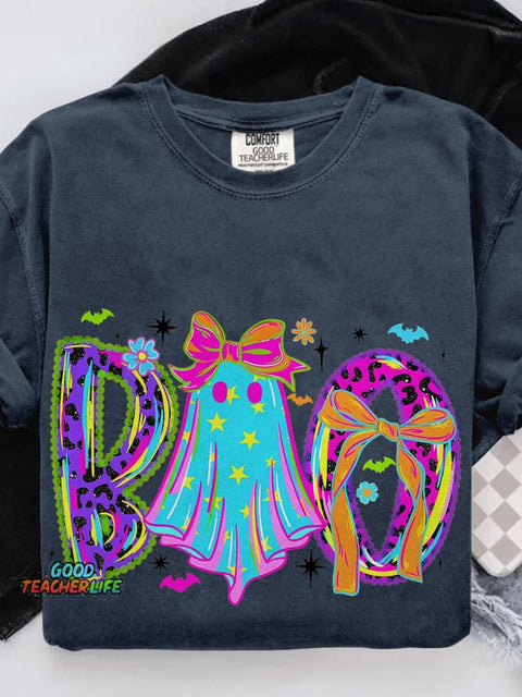 Lace Neon Halloween Boo Casual Print T-shirt