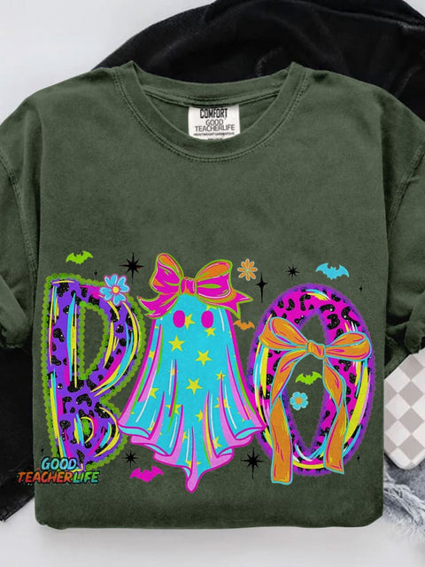 Lace Neon Halloween Boo Casual Print T-shirt