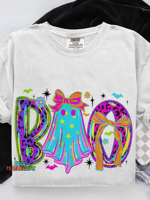 Lace Neon Halloween Boo Casual Print T-shirt