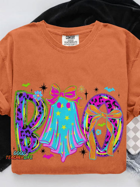 Lace Neon Halloween Boo Casual Print T-shirt