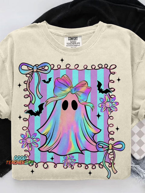 Preppy Halloween Ghost Floral Spooky Season Casual Print T-shirt