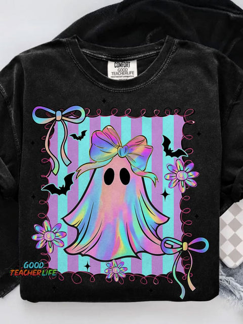 Preppy Halloween Ghost Floral Spooky Season Casual Print T-shirt
