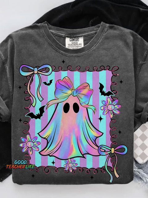 Preppy Halloween Ghost Floral Spooky Season Casual Print T-shirt
