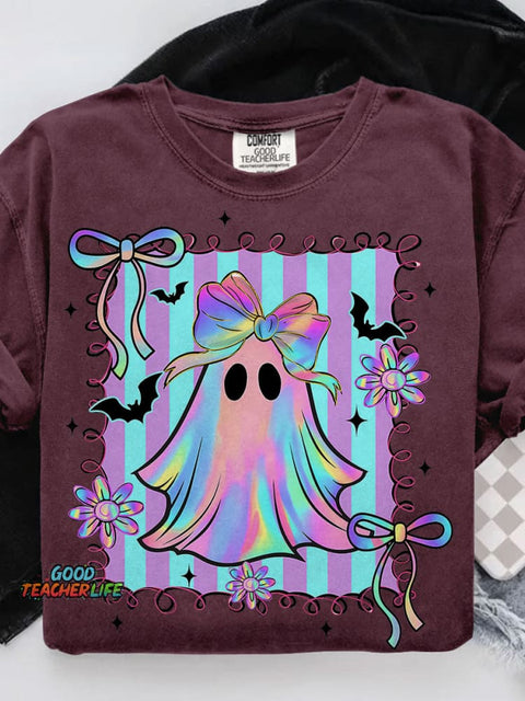 Preppy Halloween Ghost Floral Spooky Season Casual Print T-shirt