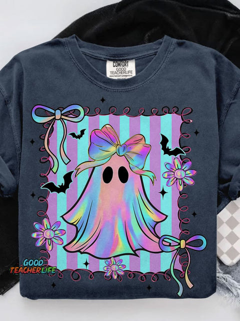 Preppy Halloween Ghost Floral Spooky Season Casual Print T-shirt