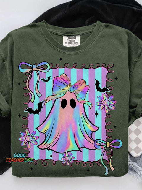 Preppy Halloween Ghost Floral Spooky Season Casual Print T-shirt