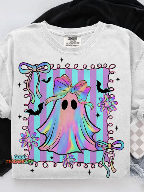 Preppy Halloween Ghost Floral Spooky Season Casual Print T-shirt