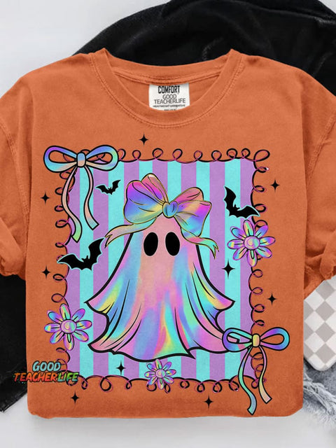Preppy Halloween Ghost Floral Spooky Season Casual Print T-shirt