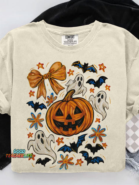 Halloween Pumpkin Ghost Coquette Halloween Bow Casual Print T-shirt