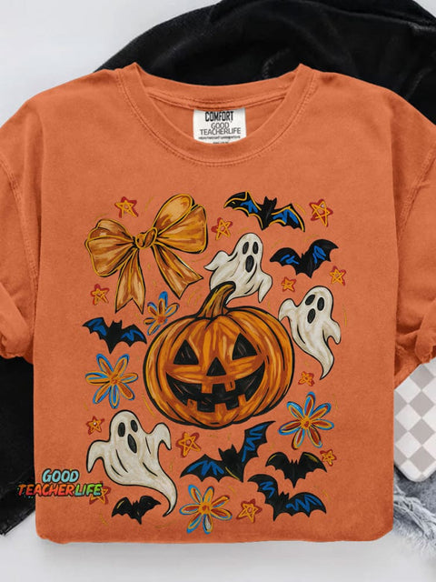 Halloween Pumpkin Ghost Coquette Halloween Bow Casual Print T-shirt