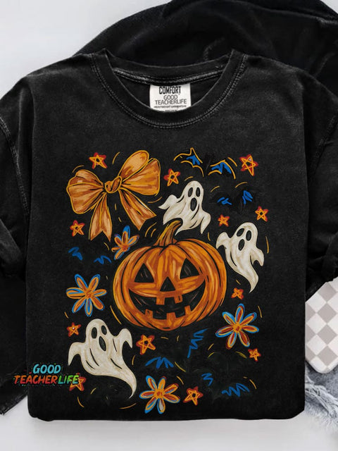 Halloween Pumpkin Ghost Coquette Halloween Bow Casual Print T-shirt