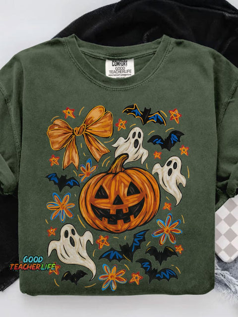 Halloween Pumpkin Ghost Coquette Halloween Bow Casual Print T-shirt