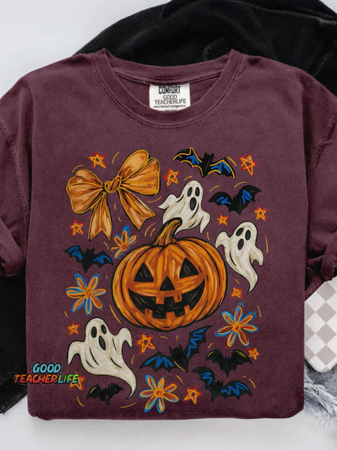 Halloween Pumpkin Ghost Coquette Halloween Bow Casual Print T-shirt