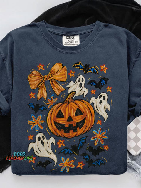Halloween Pumpkin Ghost Coquette Halloween Bow Casual Print T-shirt