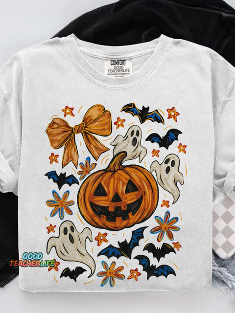 Halloween Pumpkin Ghost Coquette Halloween Bow Casual Print T-shirt