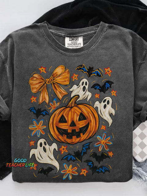 Halloween Pumpkin Ghost Coquette Halloween Bow Casual Print T-shirt