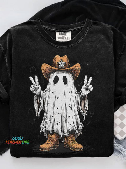Halloween Cowboy Ghost Western Casual Print T-shirt