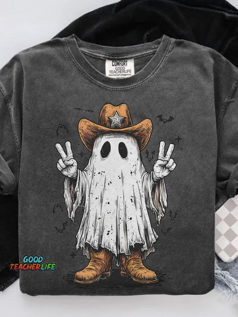 Halloween Cowboy Ghost Western Casual Print T-shirt