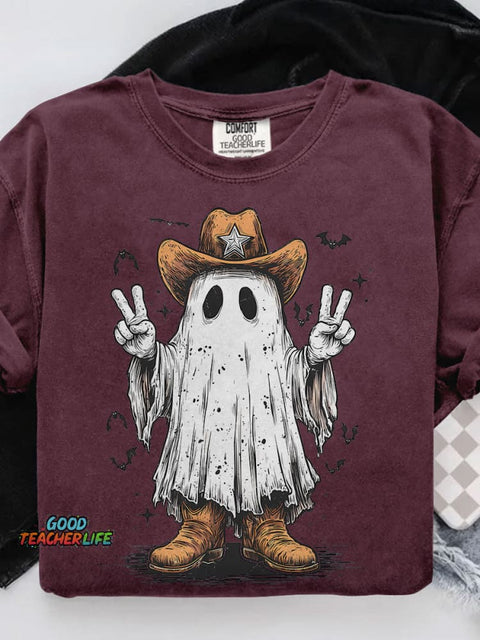 Halloween Cowboy Ghost Western Casual Print T-shirt