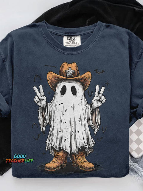 Halloween Cowboy Ghost Western Casual Print T-shirt