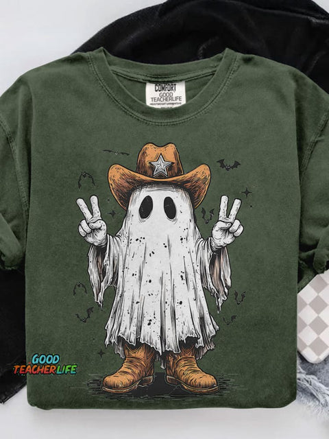 Halloween Cowboy Ghost Western Casual Print T-shirt
