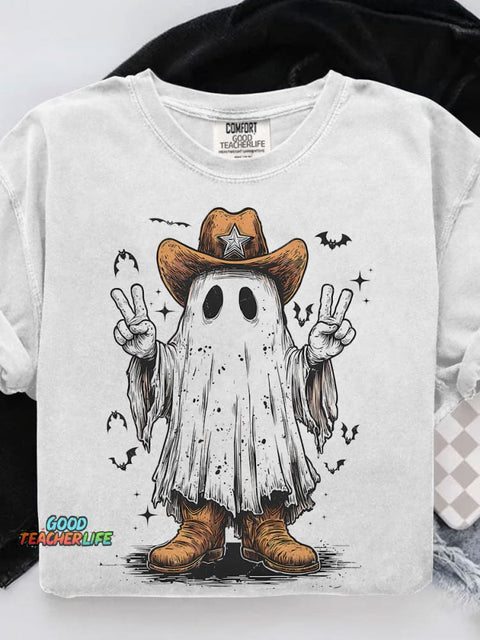 Halloween Cowboy Ghost Western Casual Print T-shirt