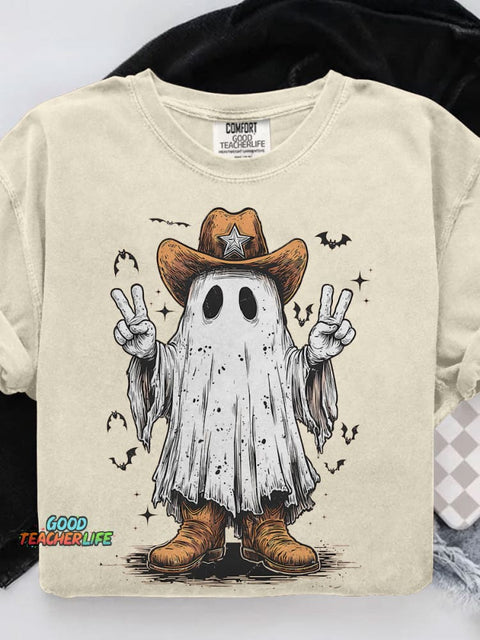 Halloween Cowboy Ghost Western Casual Print T-shirt