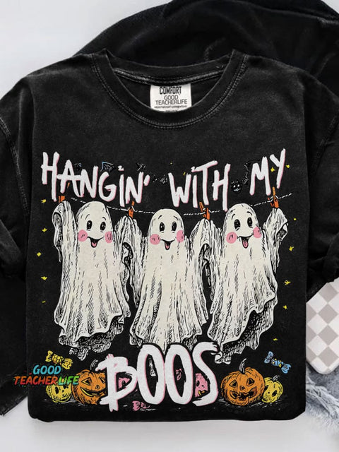 Hangin' With My Boos Cute Ghost Halloween Casual Print T-shirt