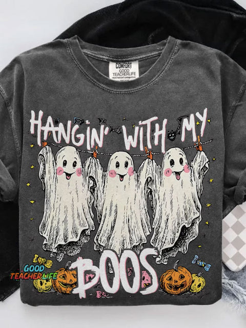Hangin' With My Boos Cute Ghost Halloween Casual Print T-shirt