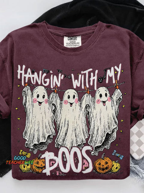 Hangin' With My Boos Cute Ghost Halloween Casual Print T-shirt
