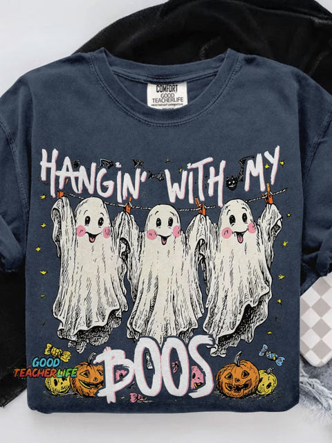 Hangin' With My Boos Cute Ghost Halloween Casual Print T-shirt