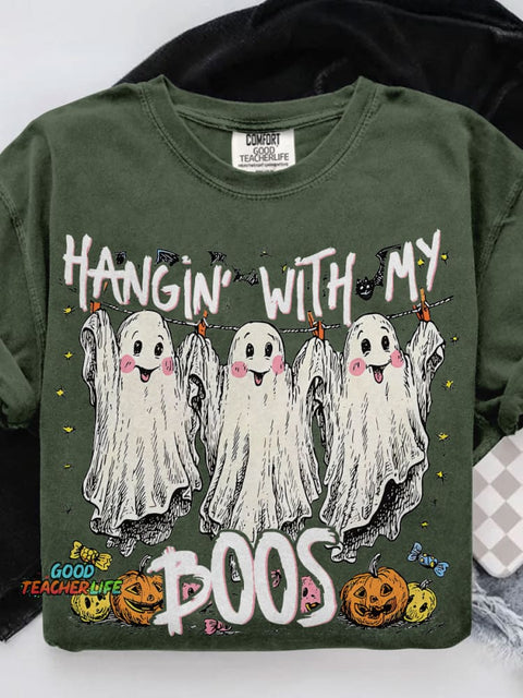 Hangin' With My Boos Cute Ghost Halloween Casual Print T-shirt