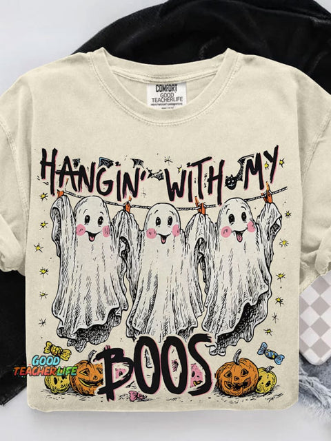Hangin' With My Boos Cute Ghost Halloween Casual Print T-shirt