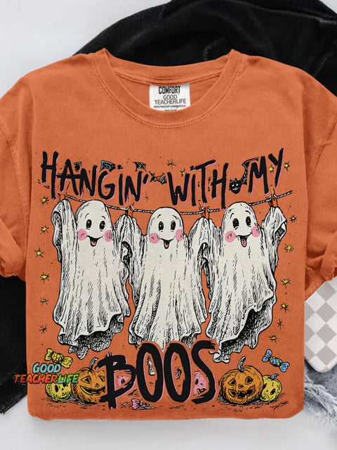 Hangin' With My Boos Cute Ghost Halloween Casual Print T-shirt