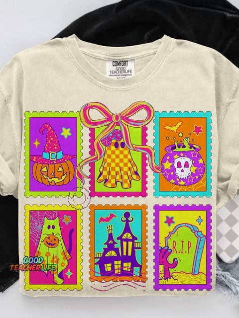 Neon Halloween Cat Ghost Casual Print T-shirt