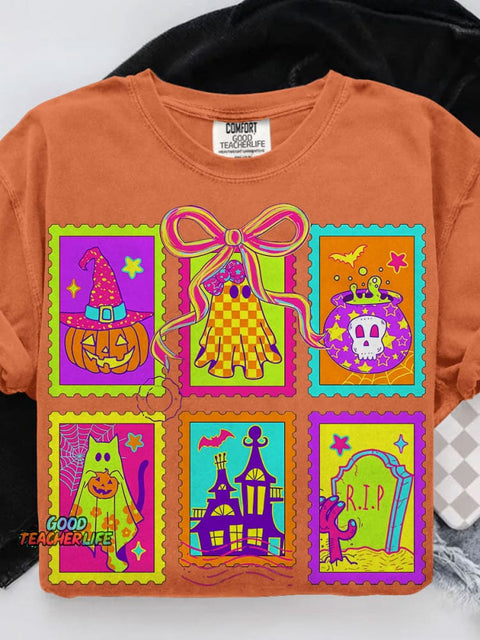 Neon Halloween Cat Ghost Casual Print T-shirt