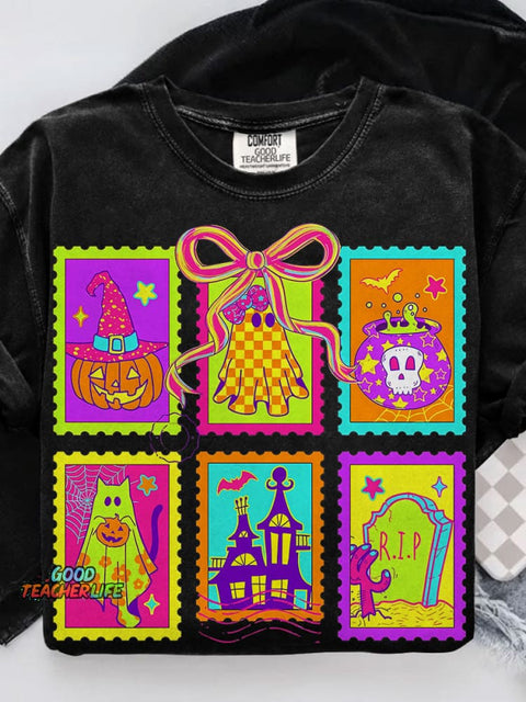 Neon Halloween Cat Ghost Casual Print T-shirt